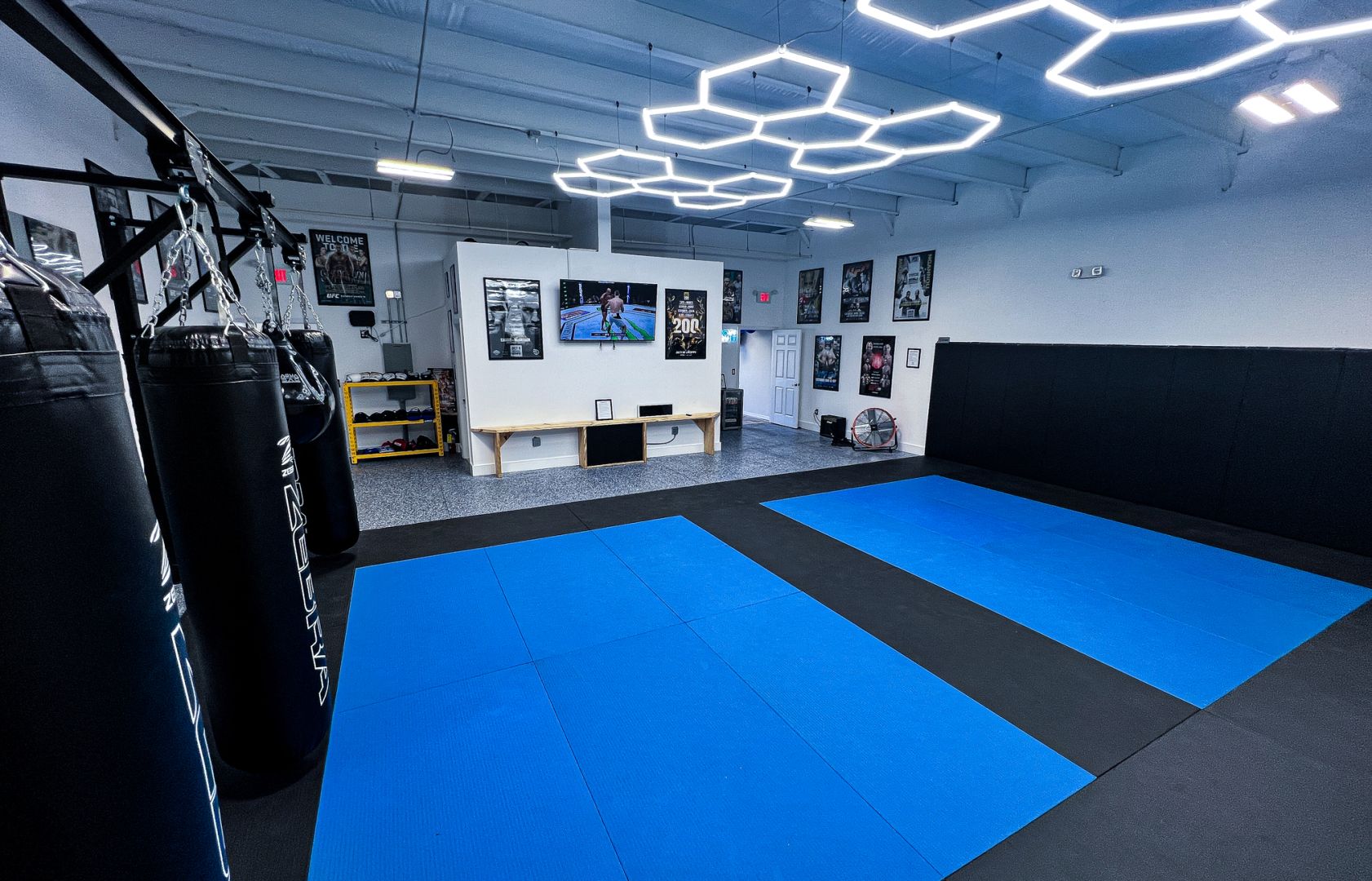 V3 MMA gym interior with heavy bags and blue mats